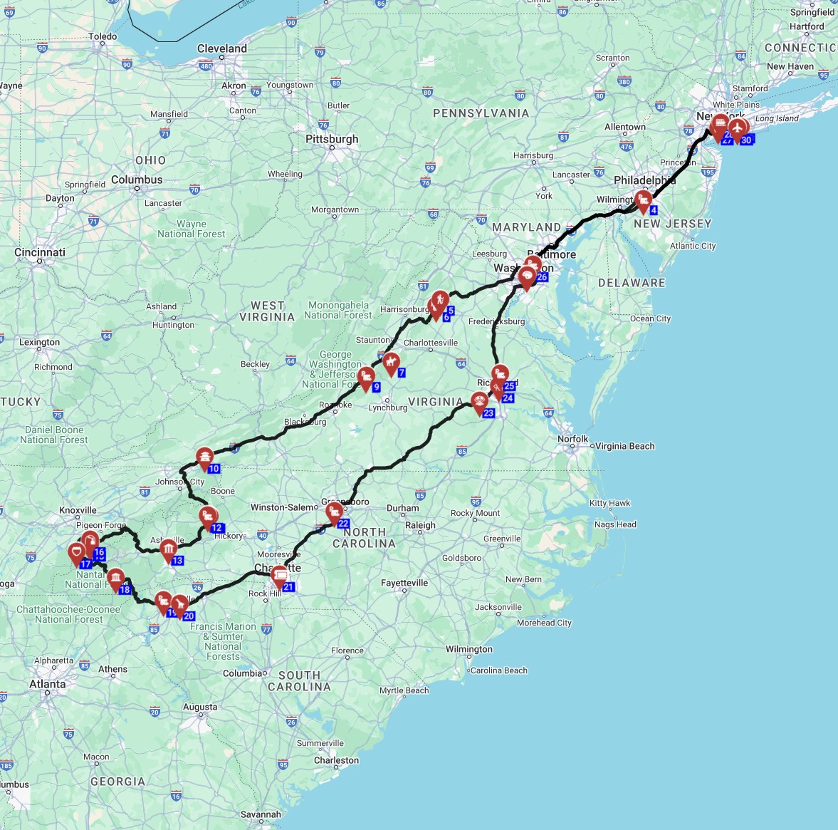 Map for New York round trip south - Wild Rides and Winding Roads An RV Journey through the Mid-Atlantic and Appalachians